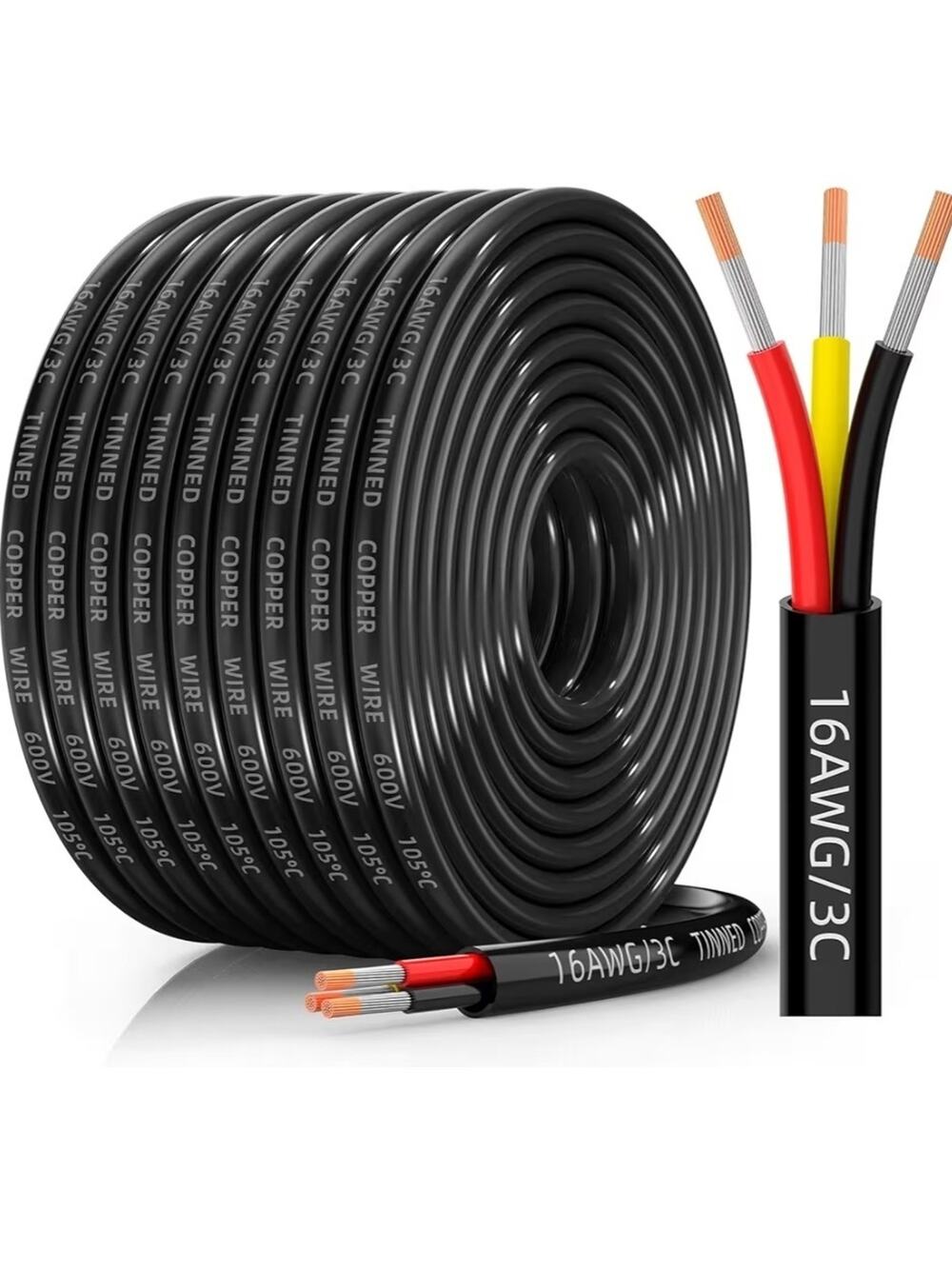 16 Gauge Wire 3 Conductor Electrical Wire, Tinned Copper Stranded PVC, 50 Feet